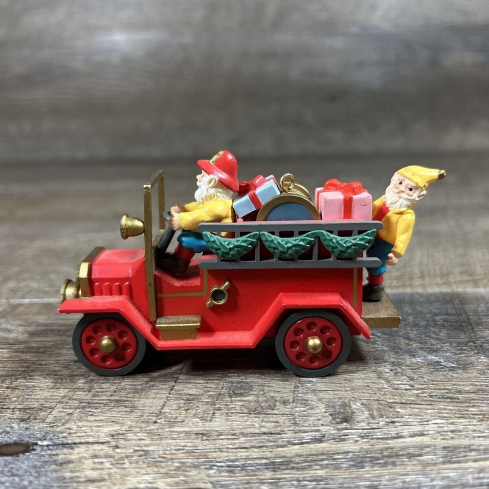 1992 Santa's Best Christmas Charmers North Pole Santa Fire Truck Elf Ornament